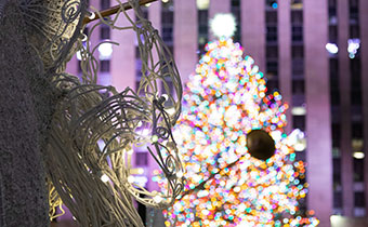 Close up of Rockefeller Center Christmas Tree with angel display